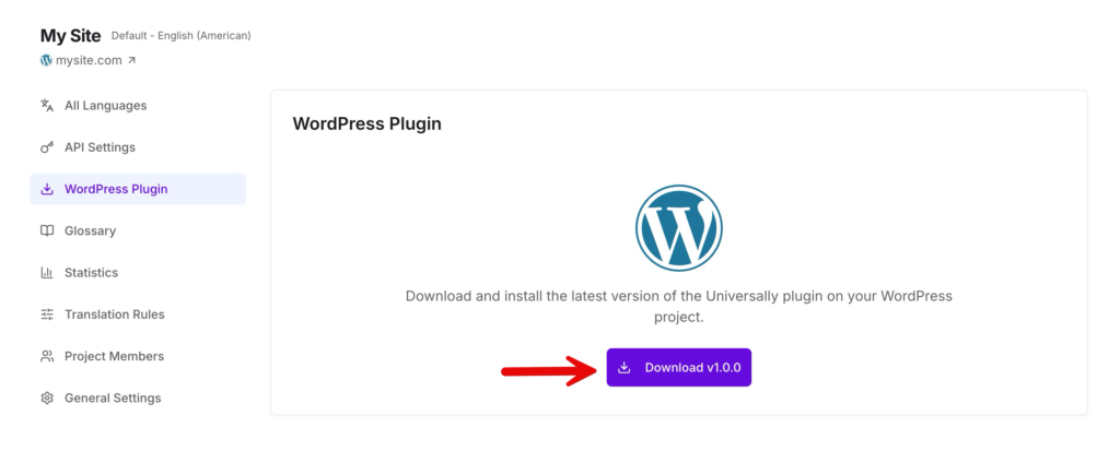 Download button labeled Download v1.0.0 on the WordPress Plugin page in a purple pill button