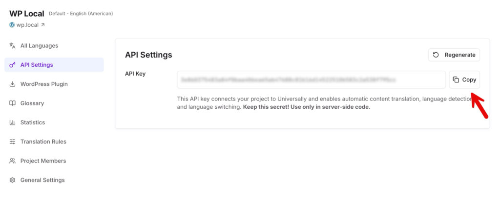 WP Local API Settings panel showing API Key field with Copy and Regenerate options; left sidebar with API Settings highlighted.
