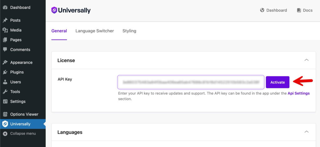 WordPress admin screen for Universally plugin: API Key input with a purple Activate button beside it, left navigation visible in dark sidebar with menu items.