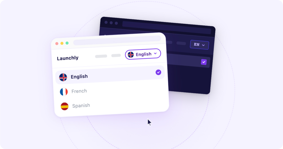 UI language selector card showing English selected with flags for English, French, and Spanish; cursor nearby.