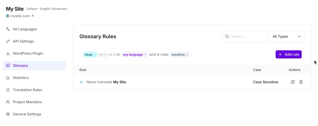 Glossary Rules page in WordPress admin with a highlighted Glossary menu, showing a rule: 'Never translate My Site' and a search box with 'Add rule' button on the right.
