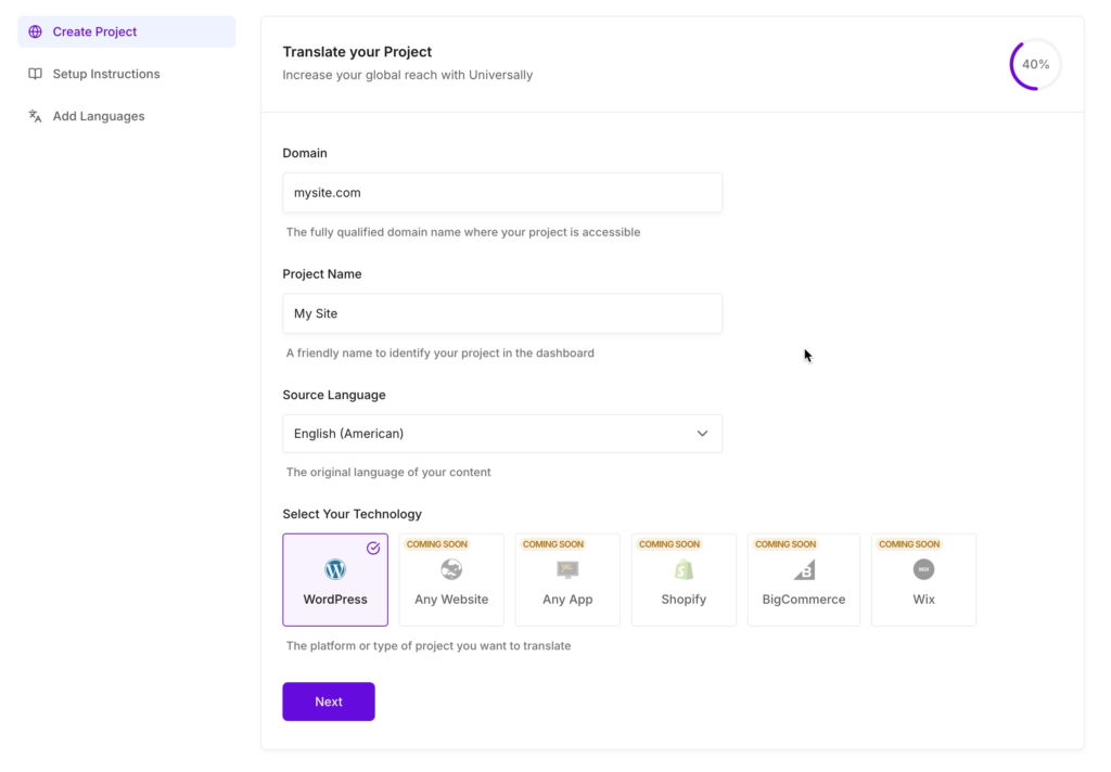 Screenshot of a translation project setup wizard: left navigation with Create Project selected and a main panel for Domain, Project Name, Source Language, and technology options.