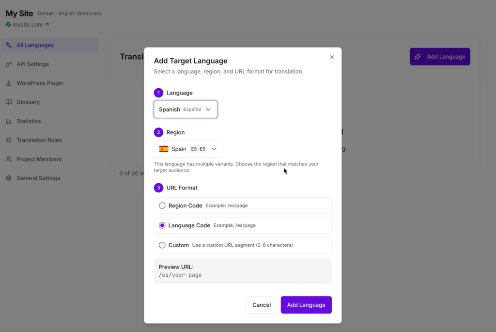Modal titled 'Add Target Language' with steps for Language, Region, and URL Format for translation.