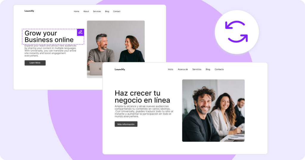 Two overlapping website hero mockups on a lavender background, showing bold headlines 'Grow your Business online' and 'Haz crecer tu negocio en línea' with accompanying images of people.