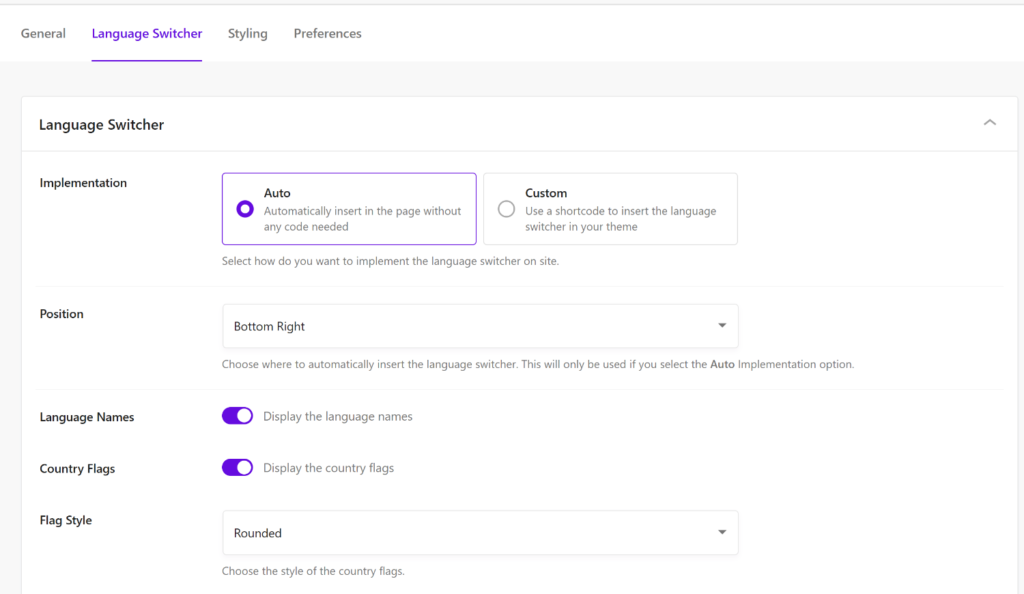 View language switcher settings