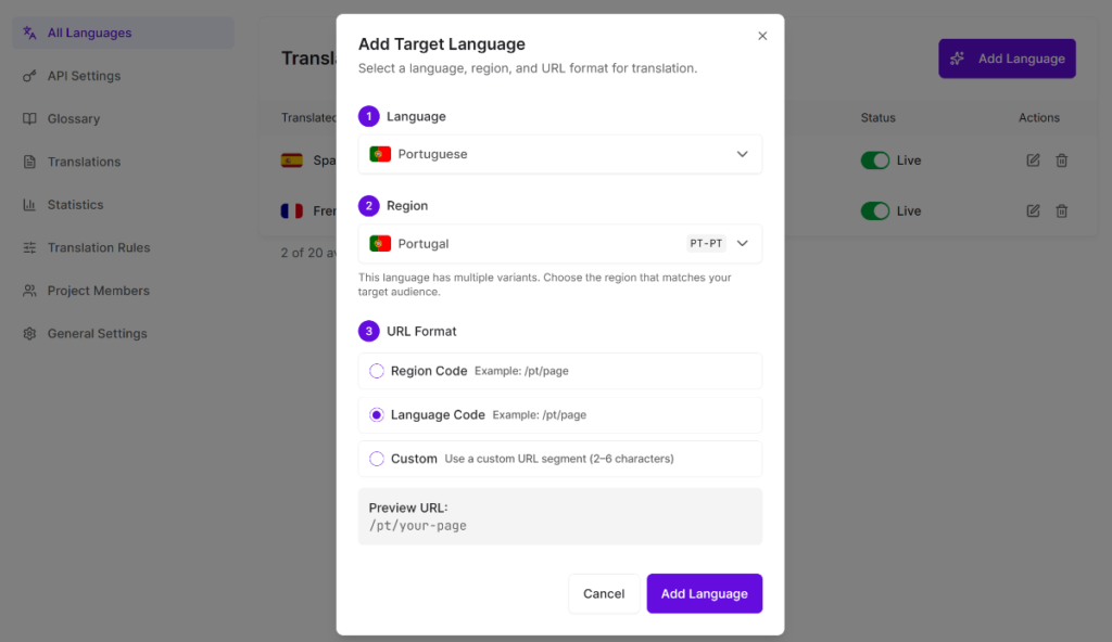 Ajouter une langue cible à votre site