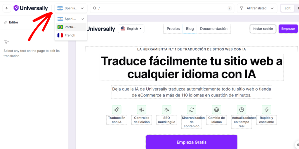 Select the page and language in visual editor - Universally Select the page and language in visual editor