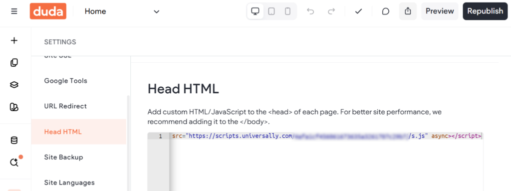 Enter script tag to Duda