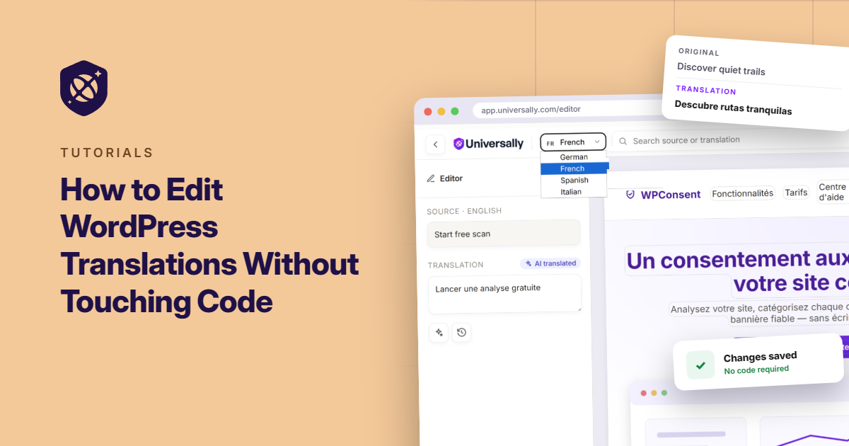 How to edit translations without editing code - Universally Tutorial banner: peach background with a logo and the title 'How to Edit WordPress Translations Without Touching Code,' plus editor screenshots on the right.