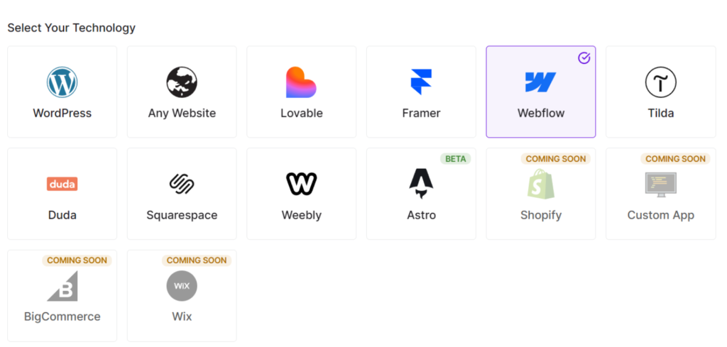 Select Webflow as technology - Universally Select Webflow as technology